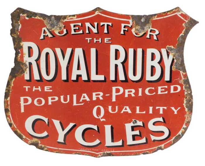 A ROYAL RUBY CYCLES enamel shield advertising sign, AGENT FOR THE ROYAL RUBY THE POPULAR-PRICES...