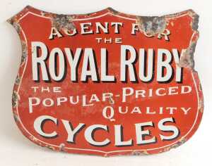 A ROYAL RUBY CYCLES enamel shield advertising sign, AGENT FOR THE ROYAL RUBY THE POPULAR-PRICES... - 3