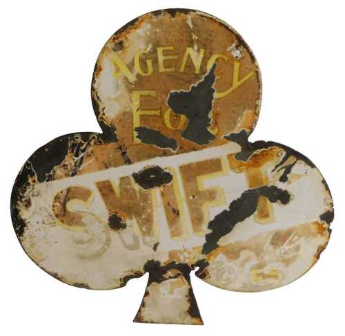 A SWIFT CYCLES enamel advertising sign, AGENCY FOR SWIFT CYCLES, shaped as a club, brown and...