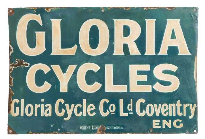 A GLORIA CYCLES enamel advertising sign, Gloria Cycle Co Ld Coventry ENG, turquoise ground with...