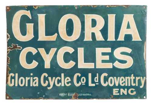 A GLORIA CYCLES enamel advertising sign, Gloria Cycle Co Ld Coventry ENG, turquoise ground with...