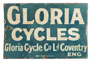 A GLORIA CYCLES enamel advertising sign, Gloria Cycle Co Ld Coventry ENG, turquoise ground with...