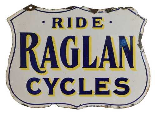 A RAGLAN CYCLES enamel shield advertising sign, RIDE RAGLAN CYCLES, white ground with blue and...