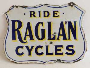 A RAGLAN CYCLES enamel shield advertising sign, RIDE RAGLAN CYCLES, white ground with blue and... - 3