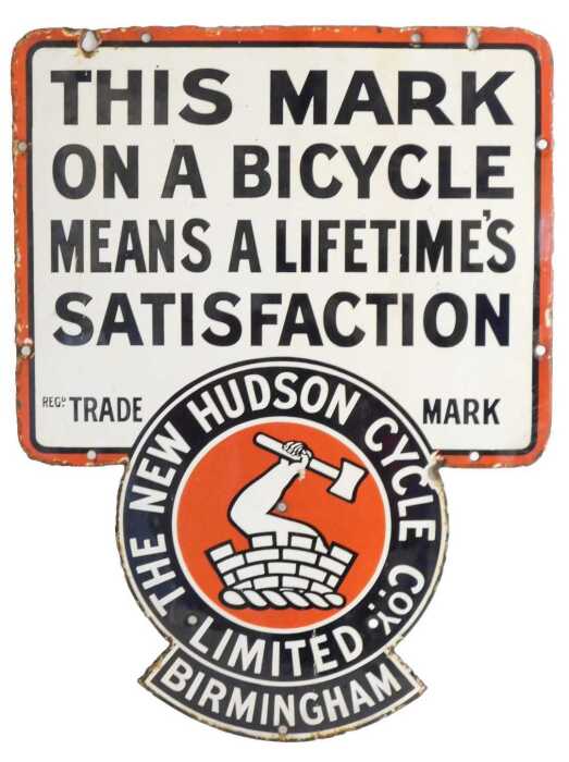 A NEW HUDSON CYCLE CoY enamel advertising sign, THIS MARK ON A BICYCLE MEANS A LIFETIME'S...