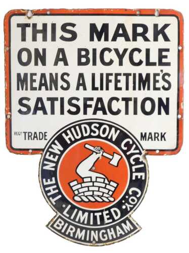 A NEW HUDSON CYCLE CoY enamel advertising sign, THIS MARK ON A BICYCLE MEANS A LIFETIME'S...