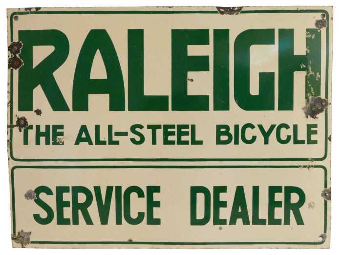 A RALEIGH enamel advertising sign, THE ALL-STEEL BICYCLE SERVICE DEALER, cream ground with green...
