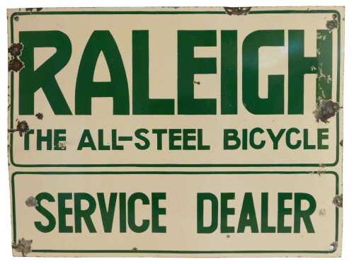 A RALEIGH enamel advertising sign, THE ALL-STEEL BICYCLE SERVICE DEALER, cream ground with green...