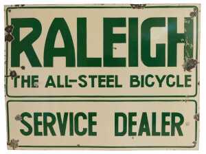 A RALEIGH enamel advertising sign, THE ALL-STEEL BICYCLE SERVICE DEALER, cream ground with green...