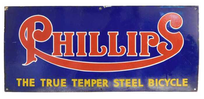 A PHILLIPS enamel advertising sign, THE TRUE TEMPER STEEL BICYCLE, blue ground with red and...