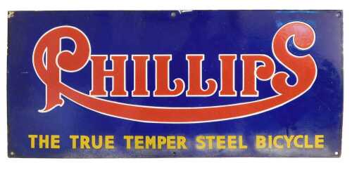 A PHILLIPS enamel advertising sign, THE TRUE TEMPER STEEL BICYCLE, blue ground with red and...