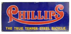 A PHILLIPS enamel advertising sign, THE TRUE TEMPER STEEL BICYCLE, blue ground with red and...