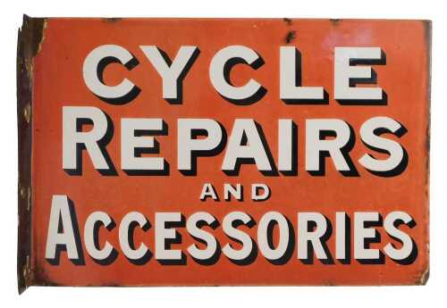 A CYCLE REPAIRS AND ACCESSORIES enamel advertising sign, red ground with white and black...