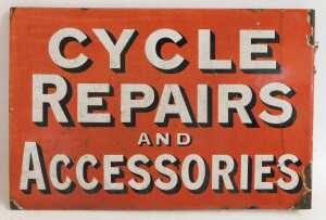 A CYCLE REPAIRS AND ACCESSORIES enamel advertising sign, red ground with white and black... - 3