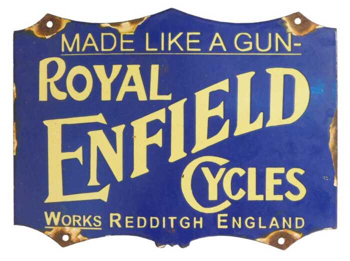 A ROYAL ENFIELD CYCLES enamel shield advertising sign, MADE LIKE A GUN WORKS, REDDITGH ENGLAND,...