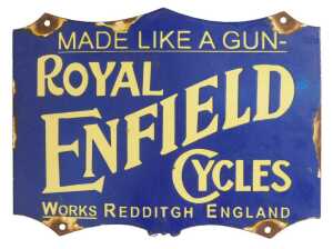 A ROYAL ENFIELD CYCLES enamel shield advertising sign, MADE LIKE A GUN WORKS, REDDITGH ENGLAND,...
