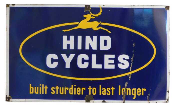A HIND CYCLES enamel advertising sign, built sturdier to last longer, blue ground with white and...