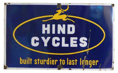 A HIND CYCLES enamel advertising sign, built sturdier to last longer, blue ground with white and...