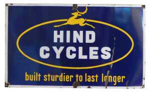 A HIND CYCLES enamel advertising sign, built sturdier to last longer, blue ground with white and...