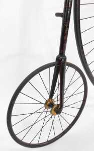 A 19thC penny farthing or ordinary bicycle, the black and red painted frame with a brass bell... - 8
