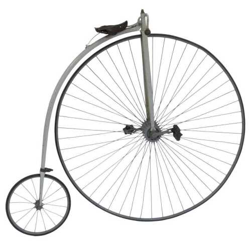 A penny farthing or ordinary bicycle, the painted grey frame with a partial leather seat, and...