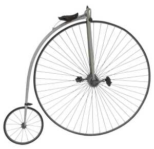 A penny farthing or ordinary bicycle, the painted grey frame with a partial leather seat, and...