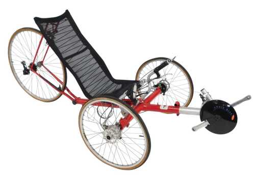 A Trice recumbent tricycle, on a red frame, with a black mesh seat, lacking pedals, 200cm wide.