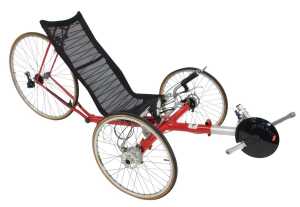 A Trice recumbent tricycle, on a red frame, with a black mesh seat, lacking pedals, 200cm wide.
