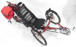 An ICE Sprint 1 recumbent tricycle, on a red frame model 4130, with cat eye micro wireless CC-MC... - 3