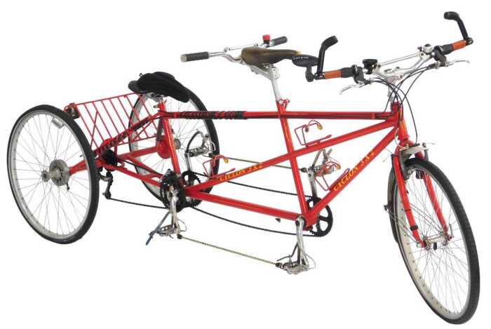 A Cyclon 3x2 tandem trike, with a red painted frame, Sellem Italia Turbo front seat and Selle...