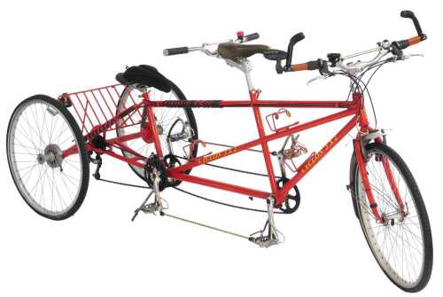 A Cyclon 3x2 tandem trike, with a red painted frame, Sellem Italia Turbo front seat and Selle...