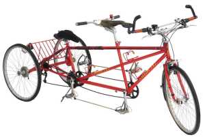 A Cyclon 3x2 tandem trike, with a red painted frame, Sellem Italia Turbo front seat and Selle...
