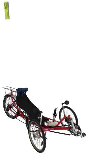 A Greenspeed recumbent tricycle, with a red frame, with Greenspeed labelling, having an Optima...
