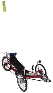 A Greenspeed recumbent tricycle, with a red frame, with Greenspeed labelling, having an Optima...