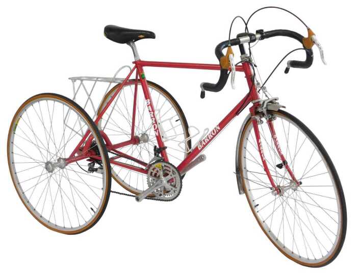 A Reynolds tricycle, the red model 531 frame with Barron advertising, having racing style...