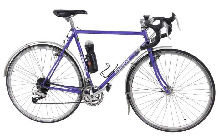 A Barron bicycle, the Reynolds 531 purple frame with Cirelli handlebars and Shimano 105 brakes,...