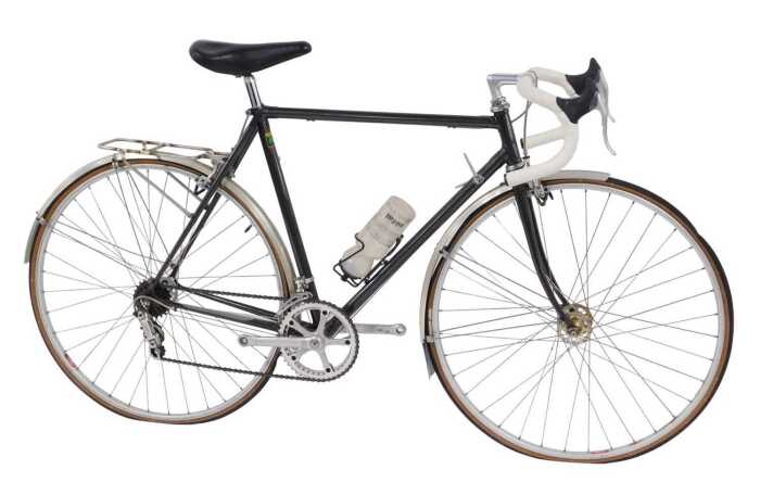 A Reynolds 531 black bicycle frame, the black frame, with a Cinelli handlebar, Shimano 105...