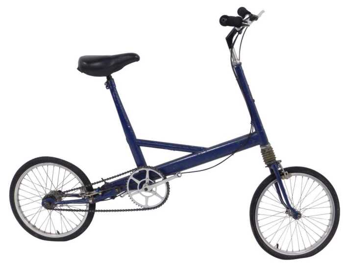 A Moulton bicycle, the royal blue frame with a black seat, lacking pedals, on a single bicycle...