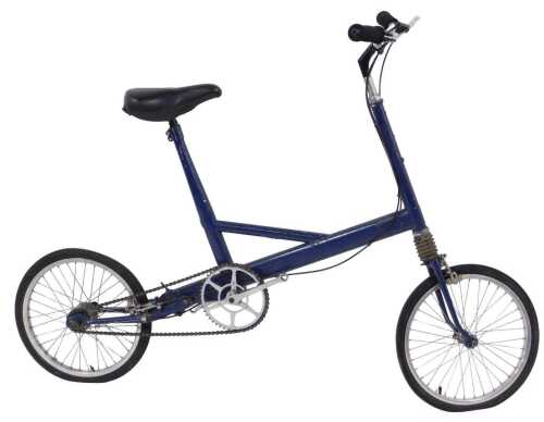 A Moulton bicycle, the royal blue frame with a black seat, lacking pedals, on a single bicycle...