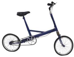 A Moulton bicycle, the royal blue frame with a black seat, lacking pedals, on a single bicycle...