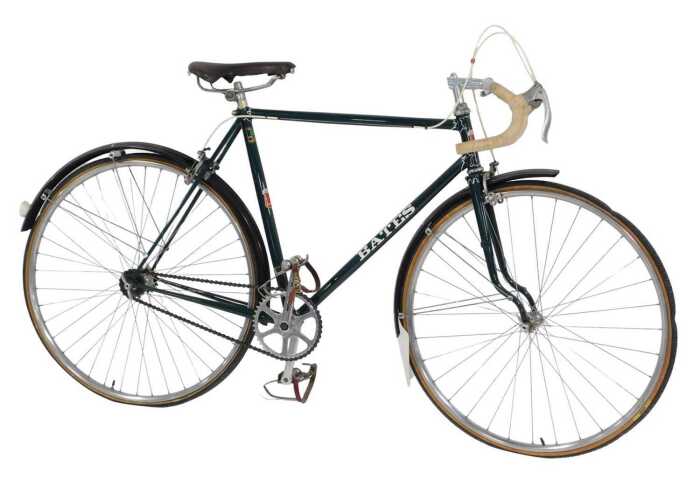 A Bates bicycle, the green Reynolds 531 frame with CB brakes, and a Brooks seat, Bluemels...