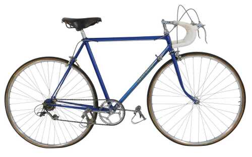 A Carpenter bicycle, the blue frame with M Kit chrome handlebars, Universal Super 68 brakes, and...