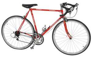 An Olagnero bicycle, the red Columbus Cara frame, with bound handlebars and Shimano 105 brakes,...