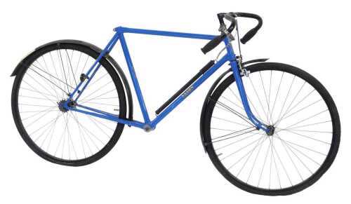A Saxon bicycle, the blue frame with blackened handles, with Shimano brakes, lacking seat and...