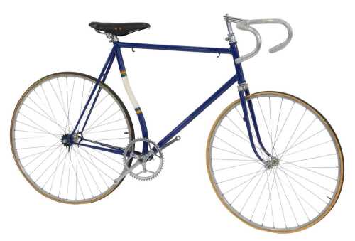 A bicycle, the blue painted frame with multicoloured banding, with handlebars stamped Cheri...