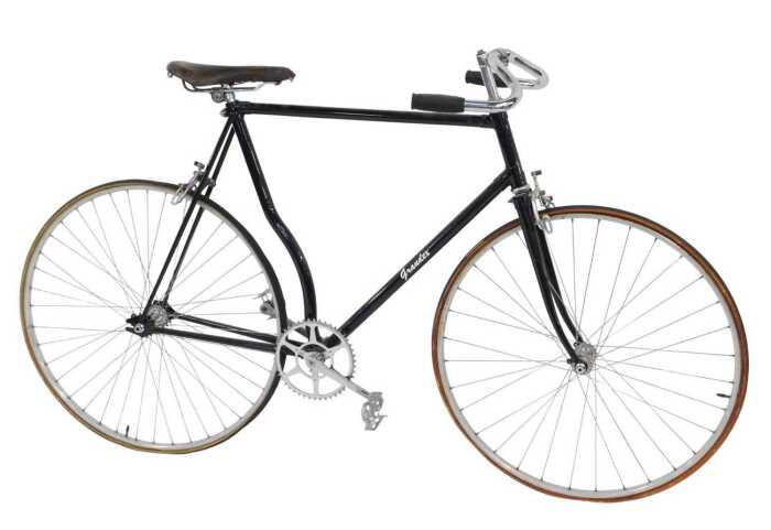 A Grandex bicycle, the black frame with chrome handlebars, GB Hiduminium brakes, and a Mansfield...