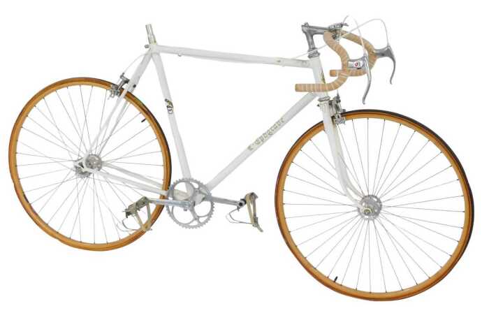 An L Ephgrave bicycle, the cream painted frame, bearing Olympic torch and rings, with Philippe...