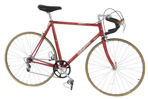 A Delta Sportive bicycle, the red bicycle frame with Zeus brakes, and a Cinelli leather seat, on...