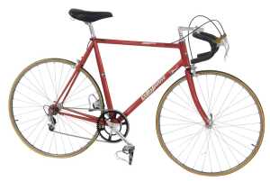 A Delta Sportive bicycle, the red bicycle frame with Zeus brakes, and a Cinelli leather seat, on...