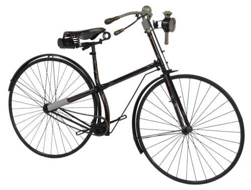 A late 19thC bicycle, the later black, gold and red painted frame with turned wooden capped...